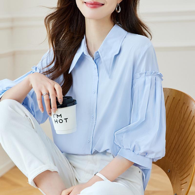 Blue Shirt Women's Seven-quarter Sleeves Spring and Summer New Lantern Sleeves Top Casual Shirt