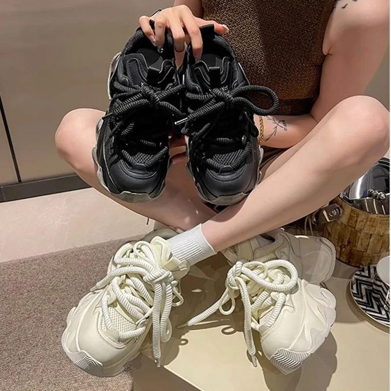 Black Platform Women's Sneakers Spring Lace-Up Thick Bottom Vulcanize Shoes Woman Breathable Sports Shoes Ladies