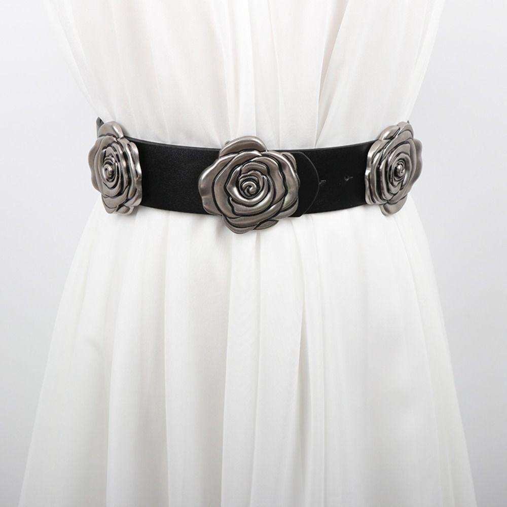 Zinc Zinc Alloy Rose Flower Waist Belt Jeans Decor Wide Waistband Fashion PU Leather Belt  Girls