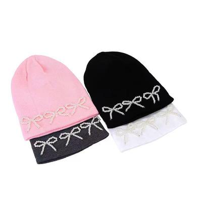 Perlen-Schleifen-Strickmütze: Trendiger Pullover im koreanischen Stil für Herbst/Winter mit Ohrenschutz.