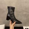 High Heel Coarse Heel Pointed French Small Ankle Boots Women's Shoes 2025 Autumn and Winter Brown Fleece Martin Boots Skinny Short Boots