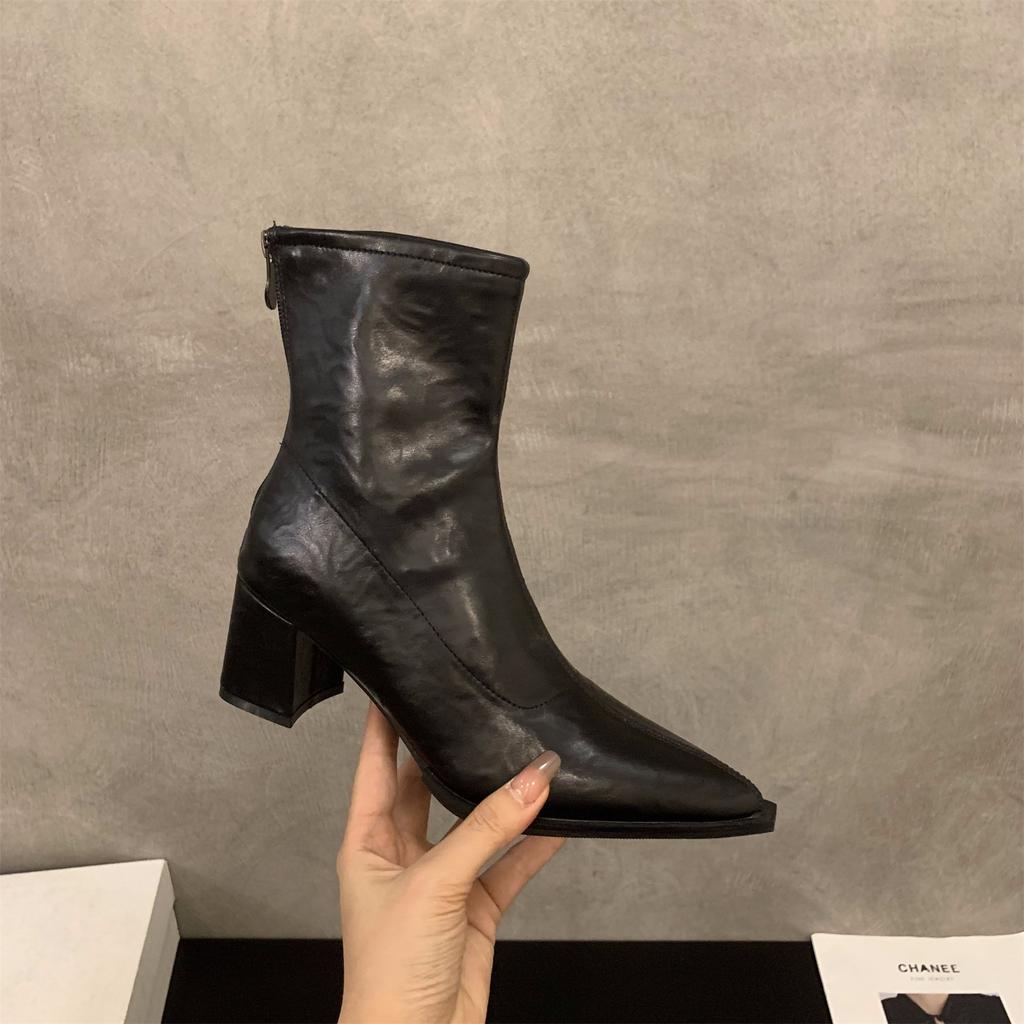 High Heel Coarse Heel Pointed French Small Ankle Boots Women's Shoes 2025 Autumn and Winter Brown Fleece Martin Boots Skinny Short Boots