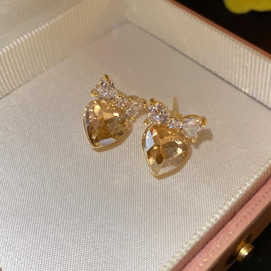 

K real gold electroplated silver needle zircon bow love stud earrings niche exquisite earrings light luxury high-end earrings