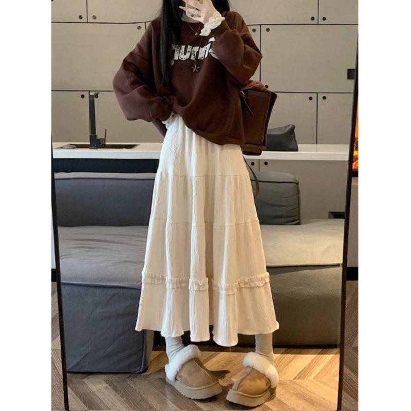 2025 Midirock mit hohem Bund, Plisseefalten und Rüschensaum für Herbst/Winter