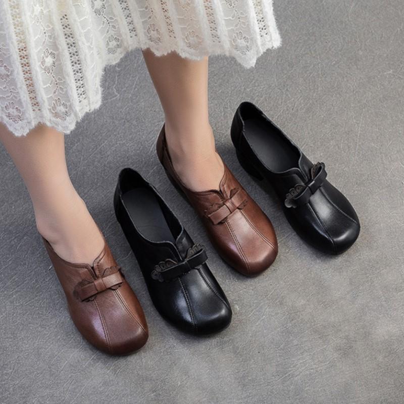Johnature Retro Dame Hæler Sko Casual Ekte Skinn Pendler Allsidige Dame Slip-on Sko