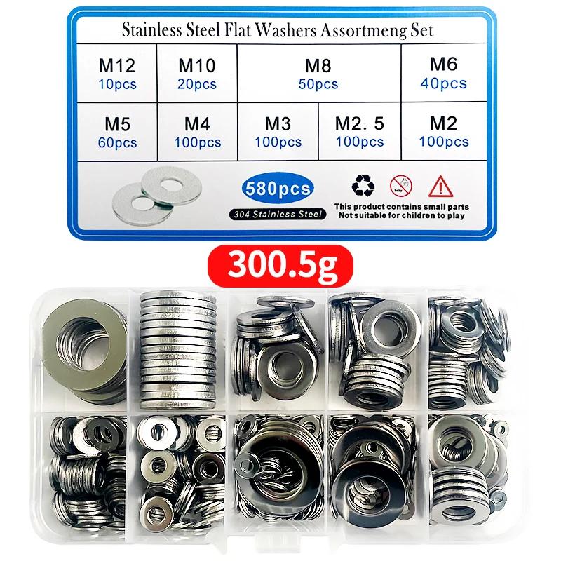 

580 шт./кор. M2 M2.5 M3 M4 M5 M6 M8 M10 M12 304 нержавеющая сталь плоская шайба набор простых прокладок набор 1 BOX