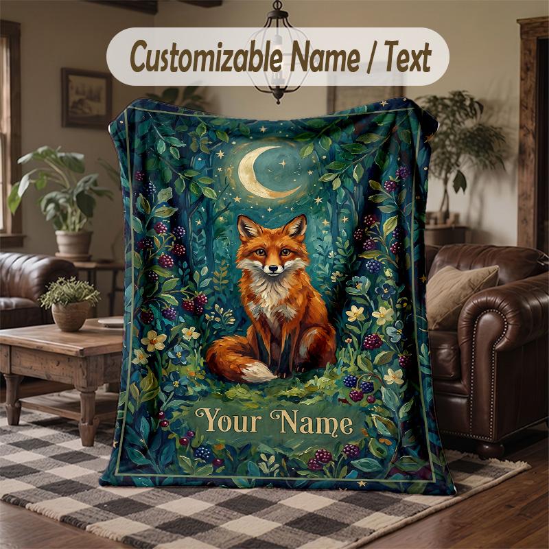 Moonlit Forest Whispers Theme Throw Blanket Custom Name Text Personalized Blanket Soft Cozy Blanket for Home Sofa Bed