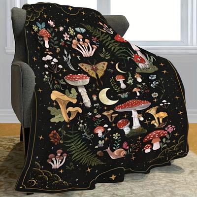 Mushroom Print Flannel Blanket Soft Comfortable Warm Moth-Proof Gothic Witch Style Christmas Gift Home Sofa Bed Office Decor