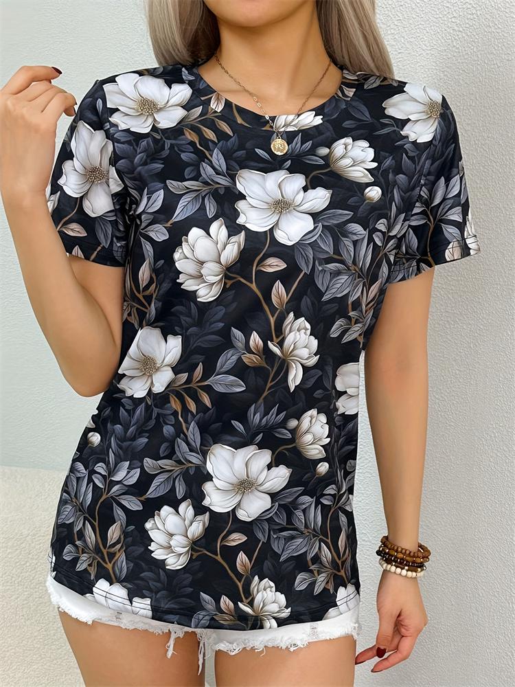 New casual women's short-sleeved blouse, floral print round neck blouse, fashion short-sleeved T-shirt, women's clothing