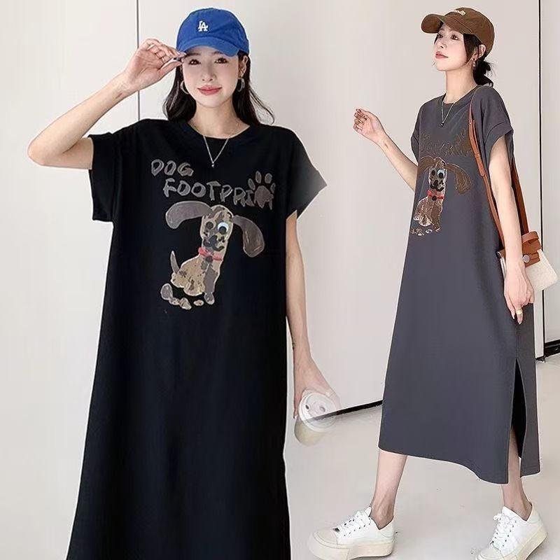 Cartoon Dog Print Short-sleeved Loose-fitting Slimming and Lazy Style Slit Female Dress