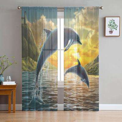 Sunset Sea Animals Dolphins Window Treatment Tulle Modern Sheer Curtains for Kitchen Living Room the Bedroom Curtains Decoration