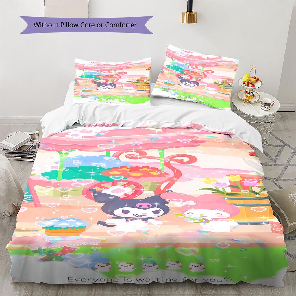 Hello Kitty, Kuromi and Their Friends Printed Pattern Bedroom Three-piece Duvet Cover Bedding set(Without Core)