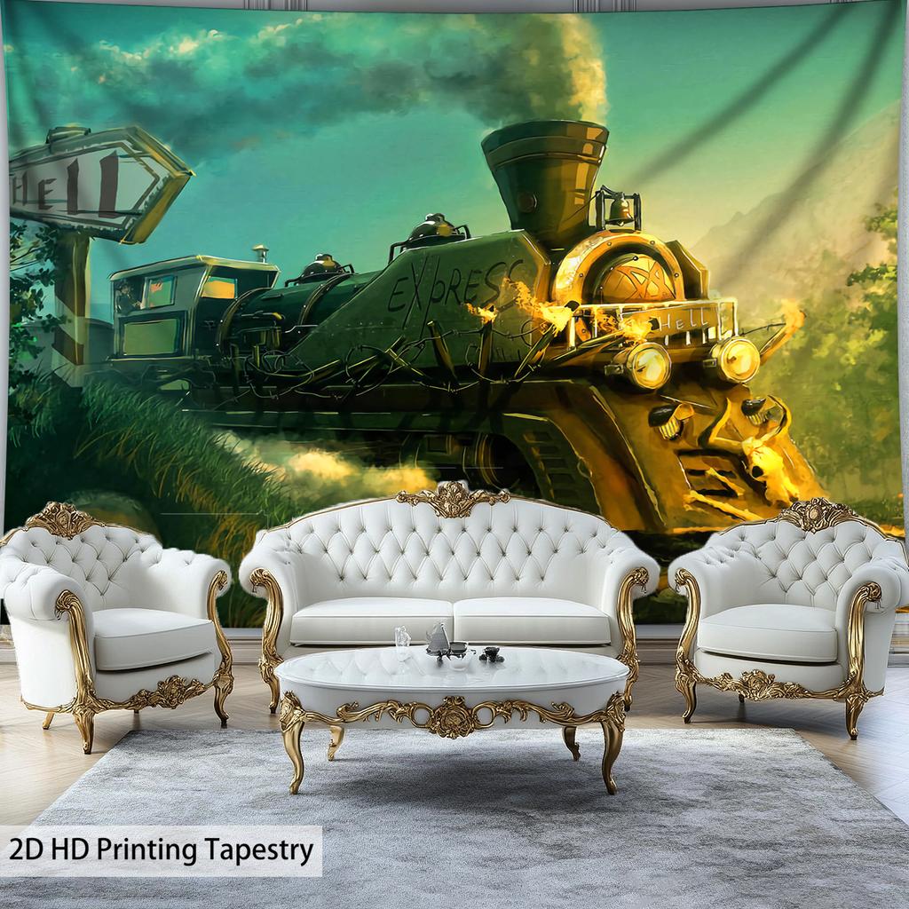 Hell Express Steam Train Tapestry Fantasy Art Dark Railroad Decor Gothic Wall Hanging Horror Theme Living Room Print