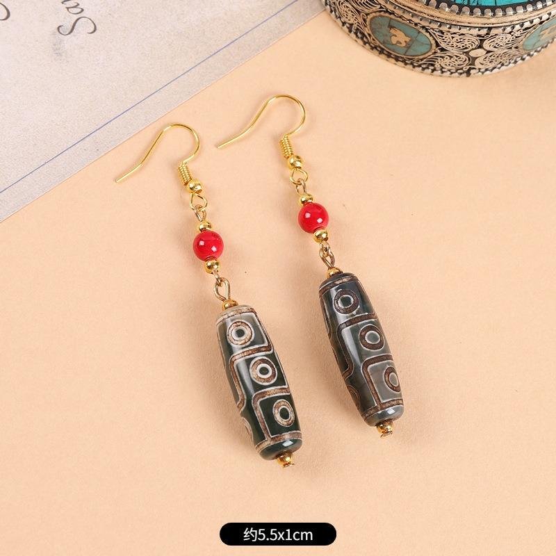Original design Tibetan nine-eye dzi bead agate earrings retro literary tiger tooth earrings Chinese earrings women