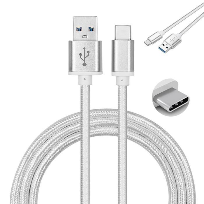 Lot de 2 Cable USB Type C nylon chargeur rapide pour Samsung Galaxy S10 Lite SM-G770F 6.7" Couleur Argent, 1 mètre -Marque YuanYuan