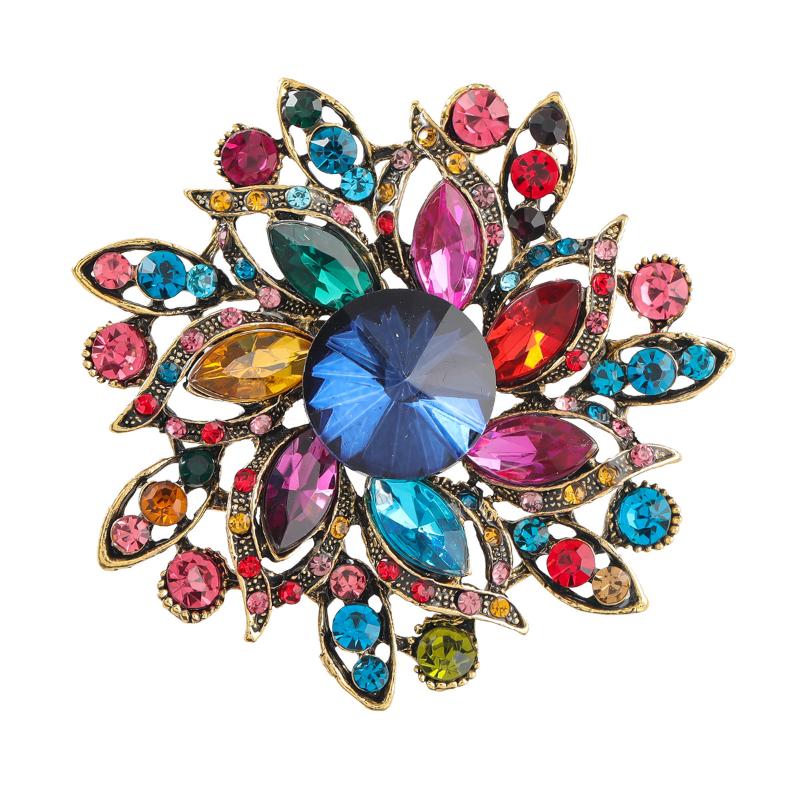 1Pcs Elegant Lapel Flower Pin Exaggerated Fashion Retro Vibrant Colorful Crystal Glass Brooch Pin Women'S Large Coat Accessories