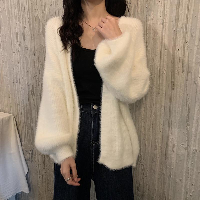 

Women s Faux Mink Knit Cardigan - Autumn/Winter 2023 Loose Fit Sweater One Size білий