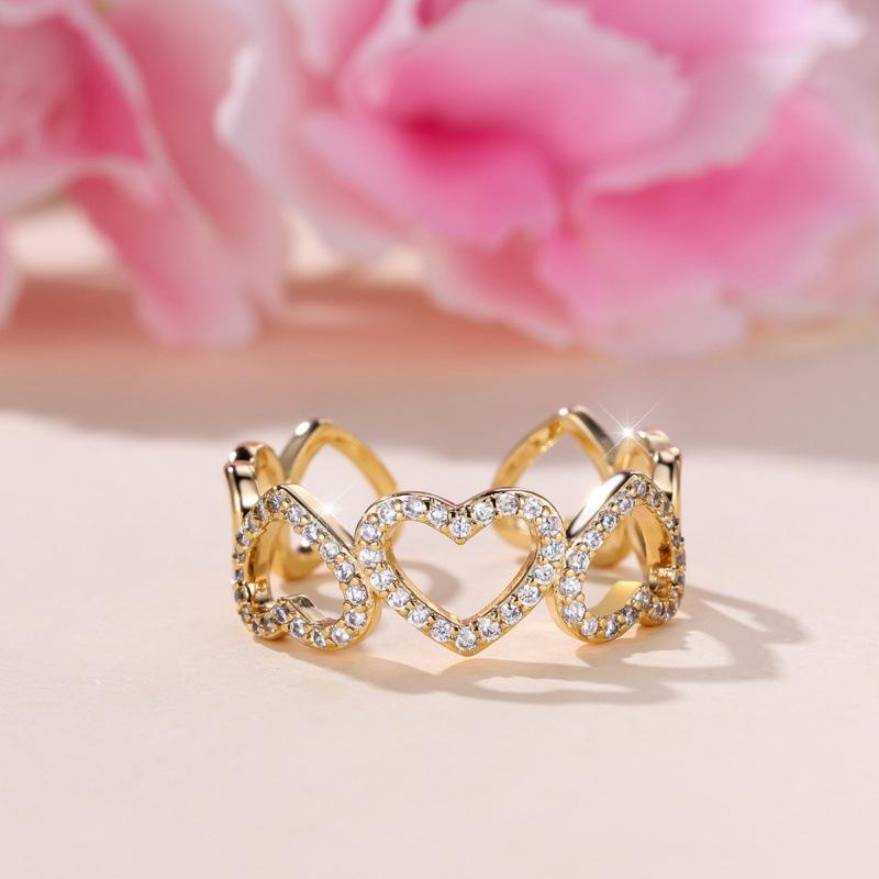 

Wish creative fashion gold hollow heart diamond ring female simple opening adjustable