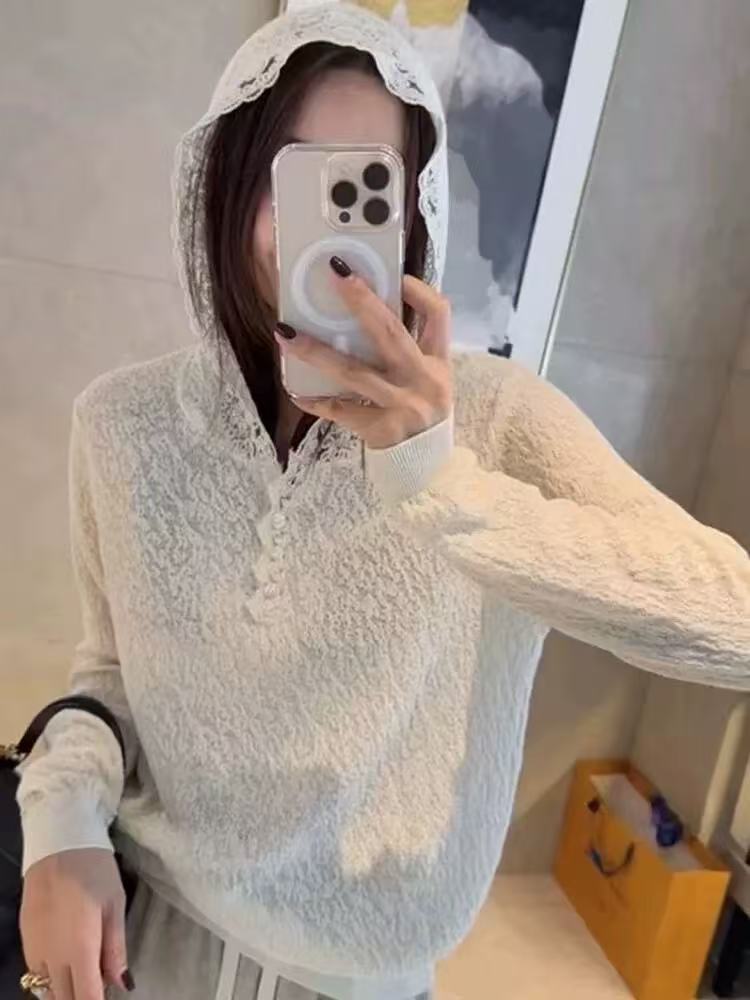 

Вязаный крючком ажурный свитер с длинными рукавами и капюшоном для женщин, базовая весенне-летняя футболка, ретро вязаный пуловер для женщин one size fits all