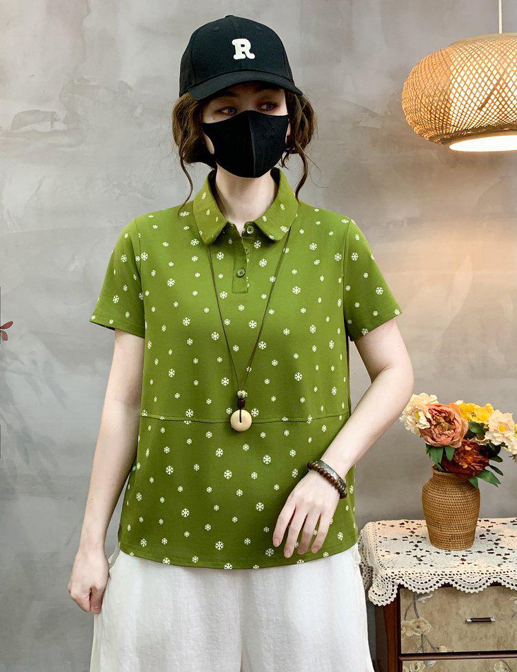 

Summer 2026 Women s Fashion: Printed Lapel Loose Casual T-Shirt for Middle-aged Women 3XL (recommended 120-135 jin)