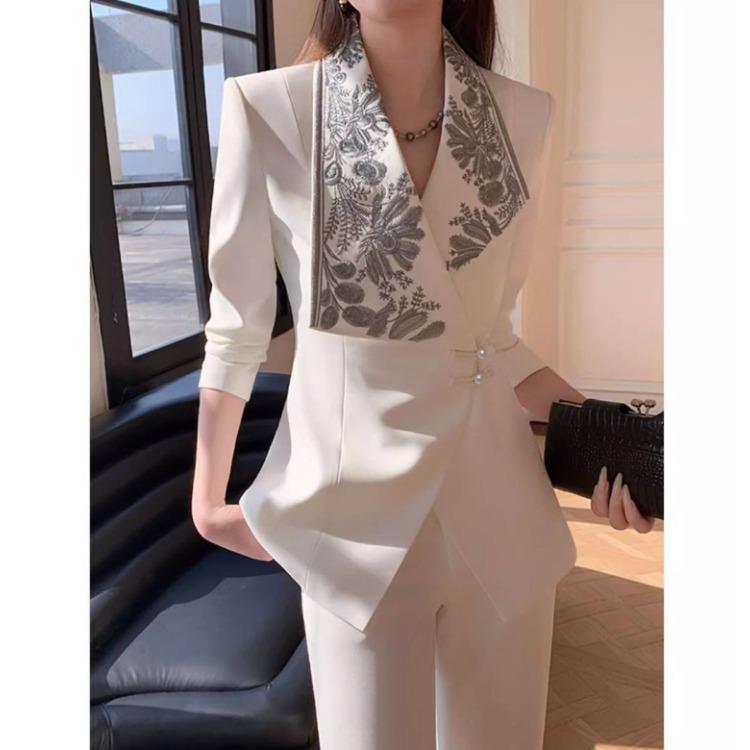 Chinese Style Spring 2 Piece Sets Women Elegant Embroidery High End Frog Button Jacket White Flared Pants
