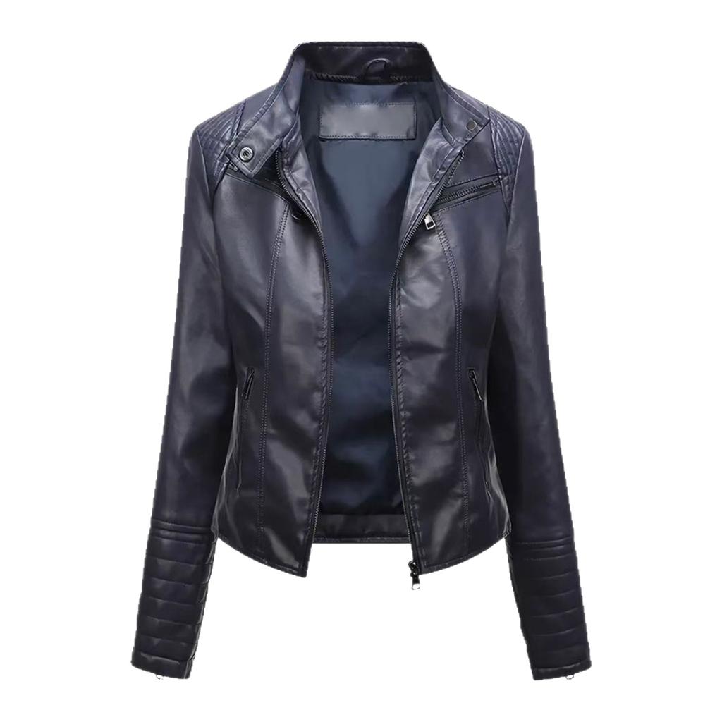 Cross-border European and American style slim-fit short PU leather jacket women's locomotive jacket stand-up collar zipper fashion versatile spring a