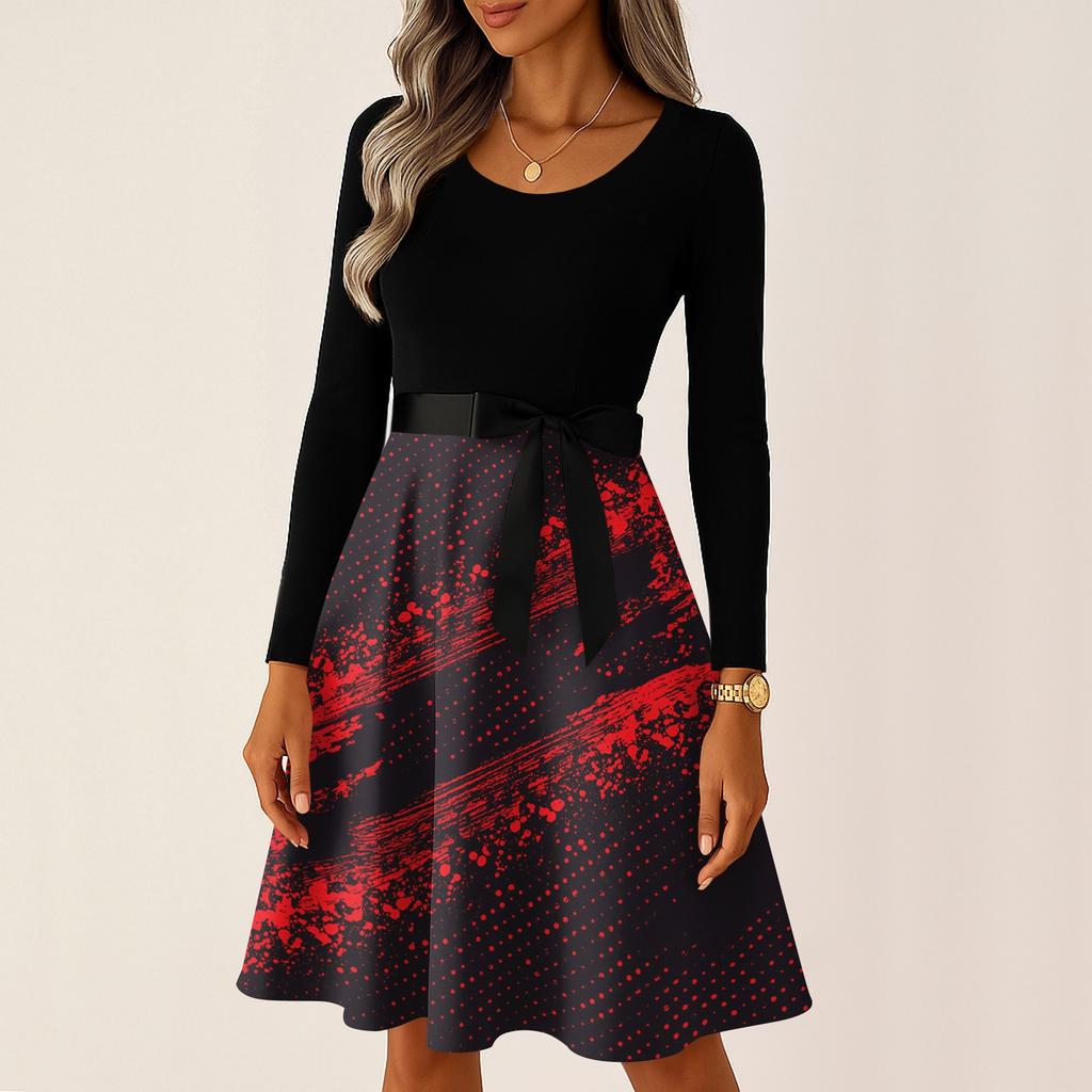 Women's Casual Vintage Halloween Dress Long Sleeve Round Neck Ghost Print Retro Style Midi Dress with Waist Tie for Daily Wear