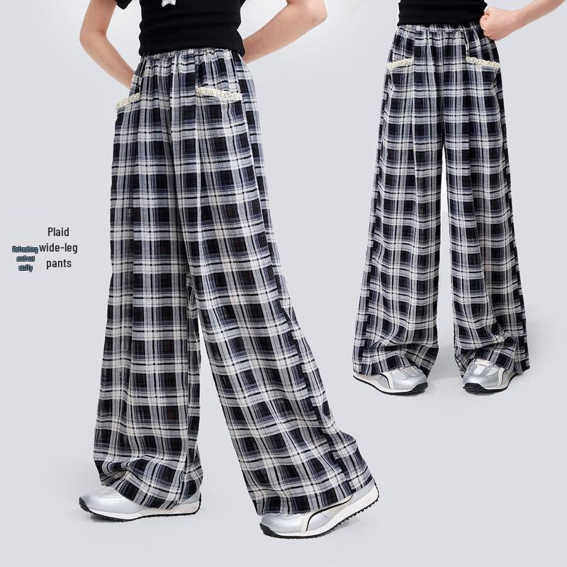 Girls  Summer Black & White Plaid Casual Wide-Leg Pants 120