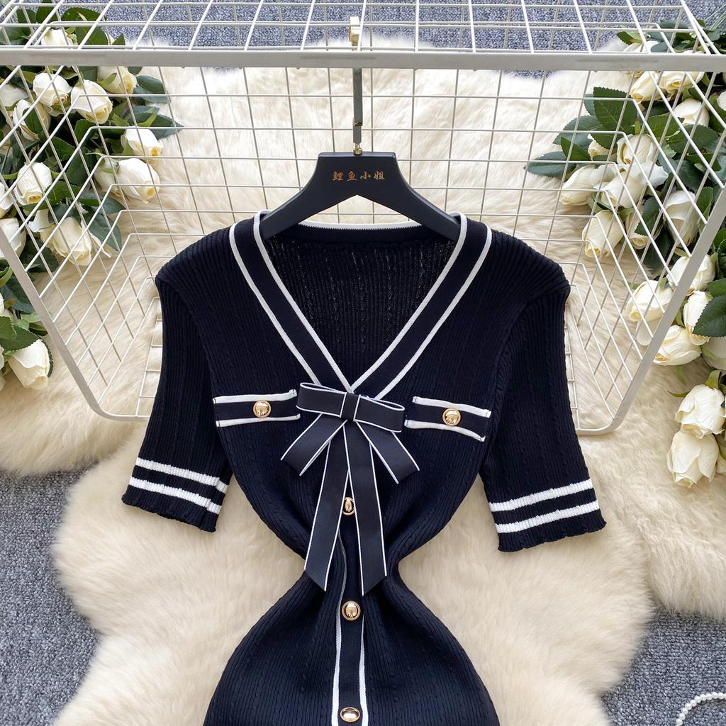 Summer Women Sweet Bowtie V-neck Short Sleeve Knitted Sweater Pullover Dresses