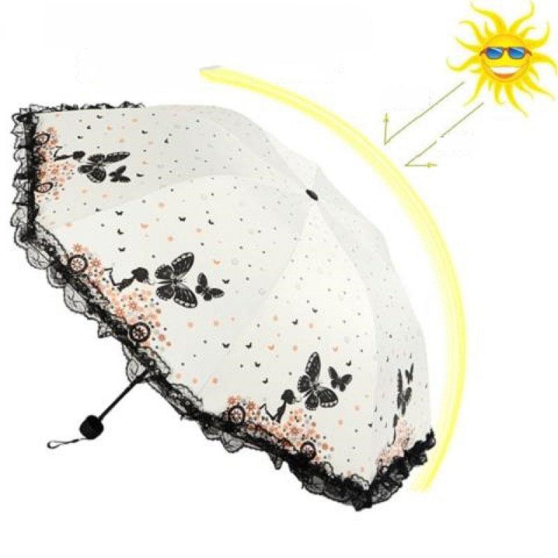 Schmetterlingsspitze bedruckter Sonnenschirm für Regen und Sonne, dreifach faltbarer, windfester Sonnenschirm
