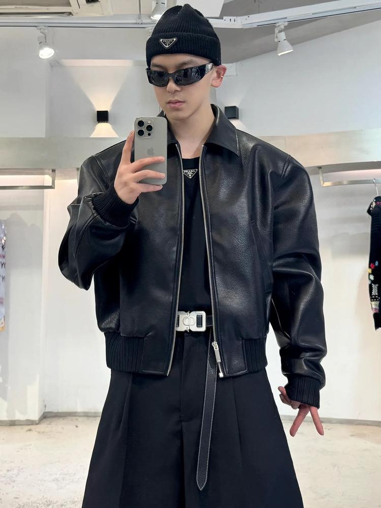 Men's Retro Hip-Hop PU Leather Motorcycle Jacket - Turn-Down Collar, Autumn Style, Loose Fit, Handsome Design.