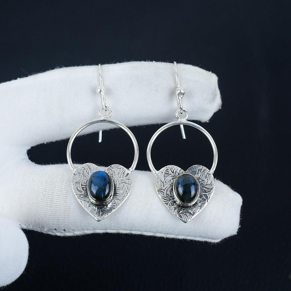 Natural Blue Flash Labradorite Gemstone Heart Shape Earrings, 925 Sterling Silver Earring, Handmade Boho Silver Jewelry Dangle Earrings, Wadding Gift