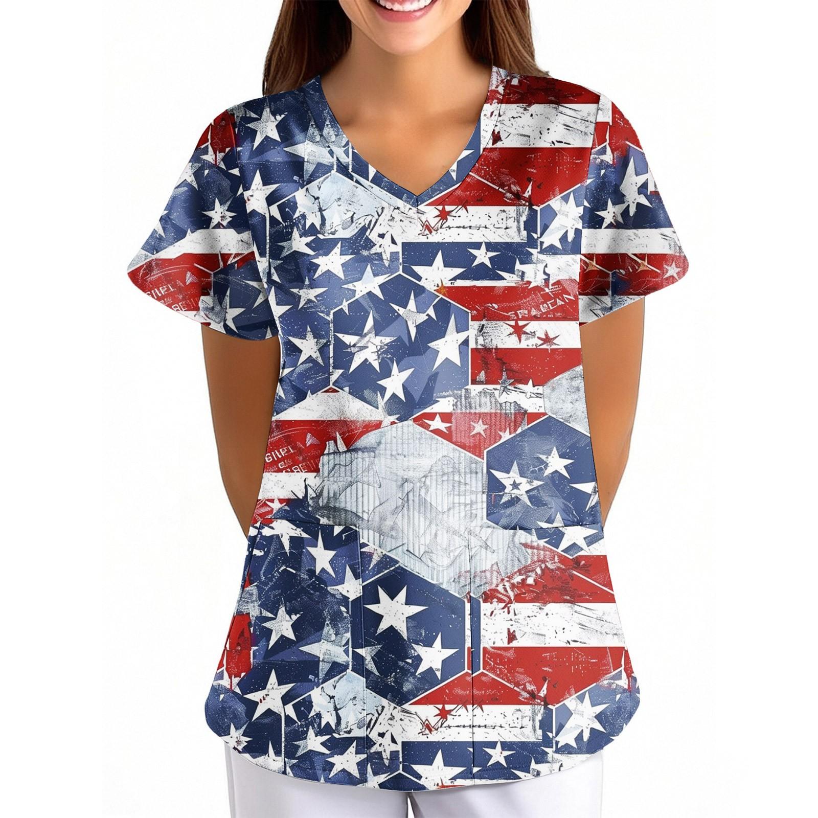 

Жіноча друкована вільна уніформа з V-подібним вирізом, кишенею та коротким рукавом до Дня Незалежності XL