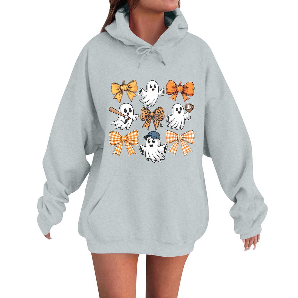 Women's Casual Fashion Comfortable Round Neck With Hood Long Sleeve Halloween Print Warm Sweatshirt
