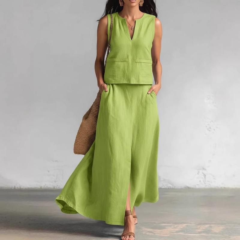 European and American Cross-border Sleeves Solid Color Cotton and Linen Tops Diagonally Inserted Bags Skirt Set 2026 Summer New Cross-border 