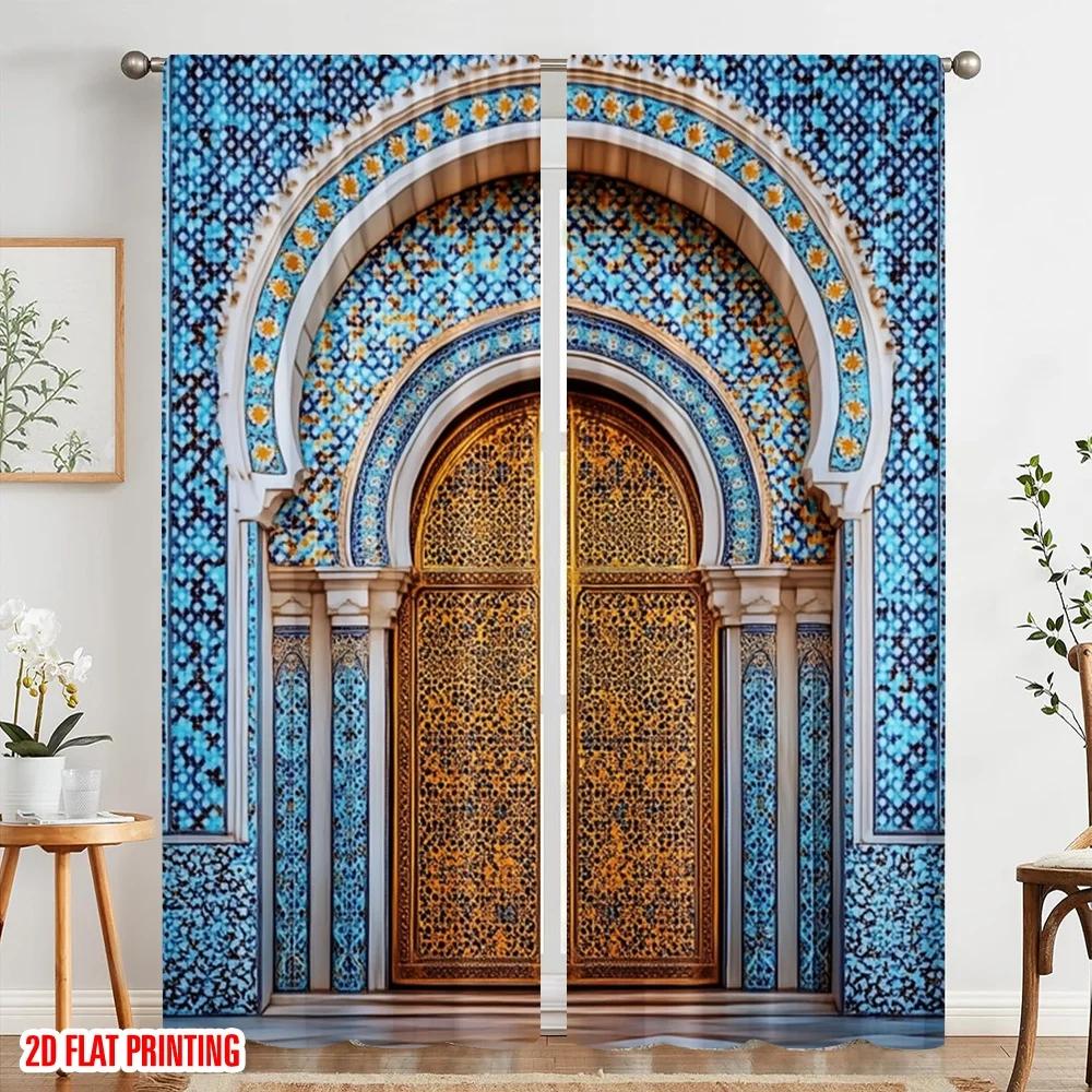 2pcs 2D flat printing Curtains Ancient Moroccan palace door 100% Polyester Fabric Without Electricity Festive Holiday Use for