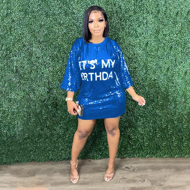 Plus Size Women's Fashion Round Neck Half Sleeve Loose Beaded Printed Nightclub Dress