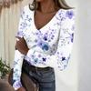 Women's Casual V-Neck Floral Print Long Sleeve Ribbed Top for Everyday Wear