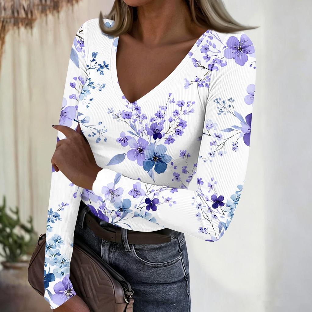 Women's Casual V-Neck Floral Print Long Sleeve Ribbed Top for Everyday Wear