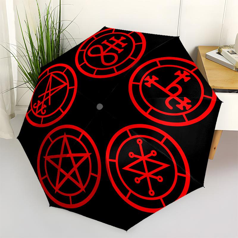 

Red Mystic Symbols on Black Background Sticker Decal Umbrella, Portable 3 Fold Compact Umbrella for Men & Women, Valentine s Day Mother s D
