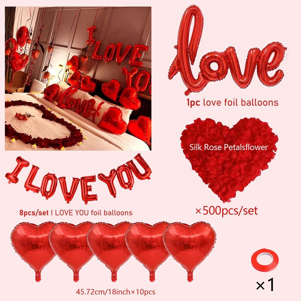 I LOVE YOU Banner & Heart Shaped Foil Balloon Set,   For Valentine's Day , Proposal, Birthday , Anniversary , Wedding  Decor