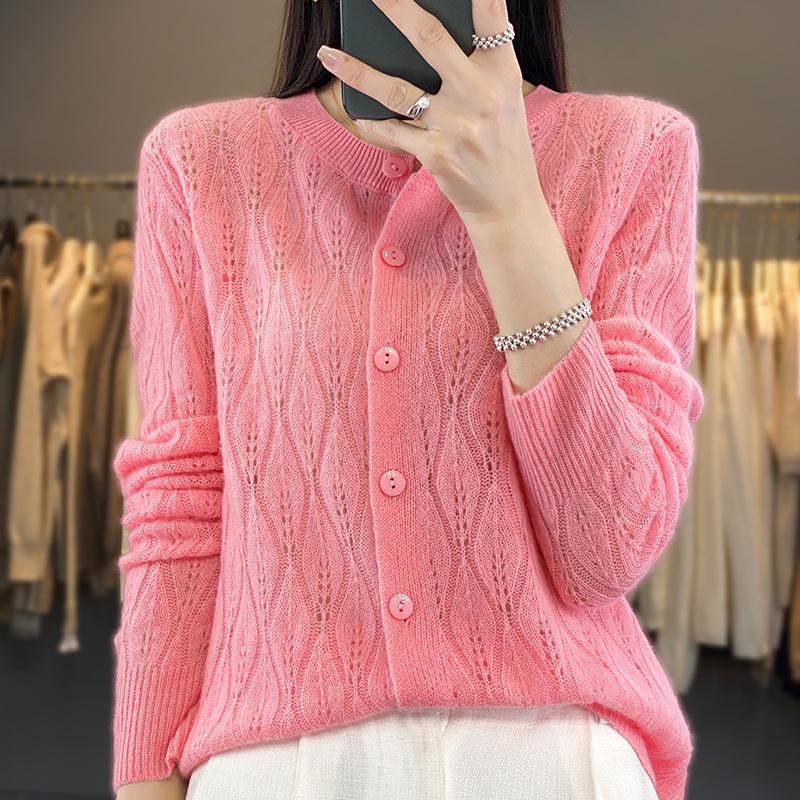 2023 Women's Retro Loose Round Neck Hollow Pure Wool Cardigan Sweater Knit - Early Autumn