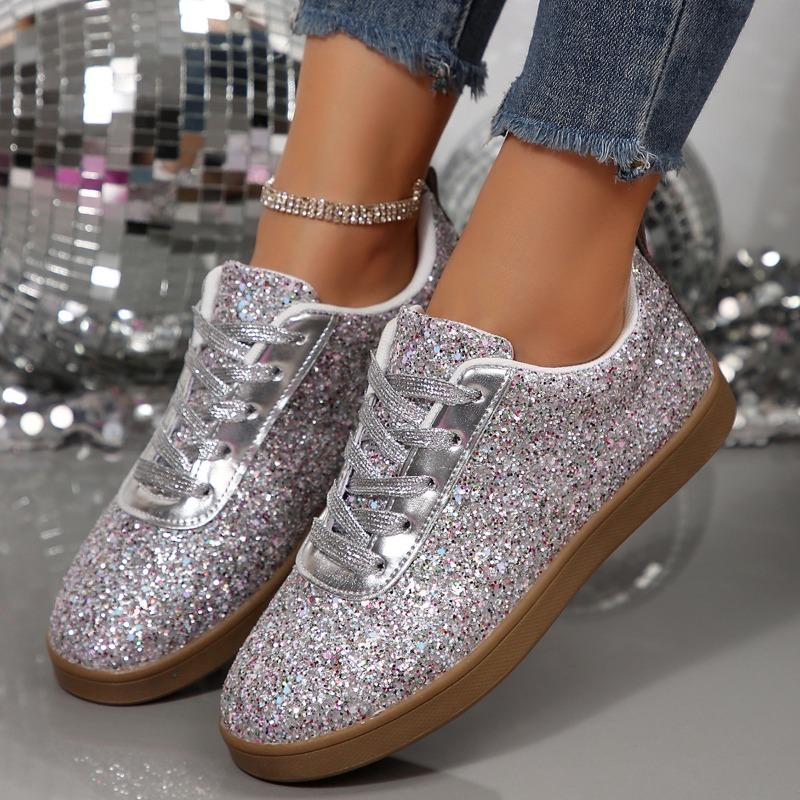 

Fashion Women s Glitter Flat Sneakers Spring/Autumn Lace Up Sport Shoes Fashion Comfort Non Slip Walking Vulcanized Shoes Zapatos Mujer 42 срібний