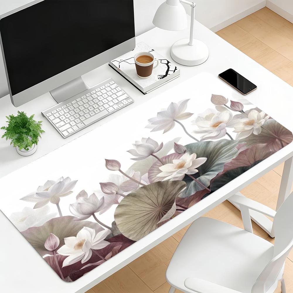 Vintage Tinte Lotus Groß Erweitert Gaming-Mauspad Rutschfeste Schreibtischunterlage Florale Kunst Tastatur-Mauspad Für Laptop Desktop Bürodekoration
