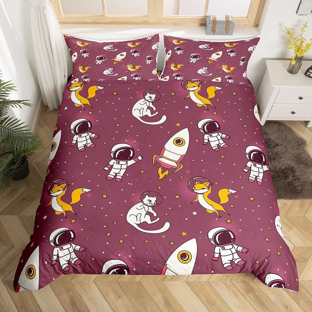 For Kids Boys Girls Bedroom Decor - Rocket Astronaut Space Theme Duvet Cover Set King Queen Full Size Polyester Comforter Cover