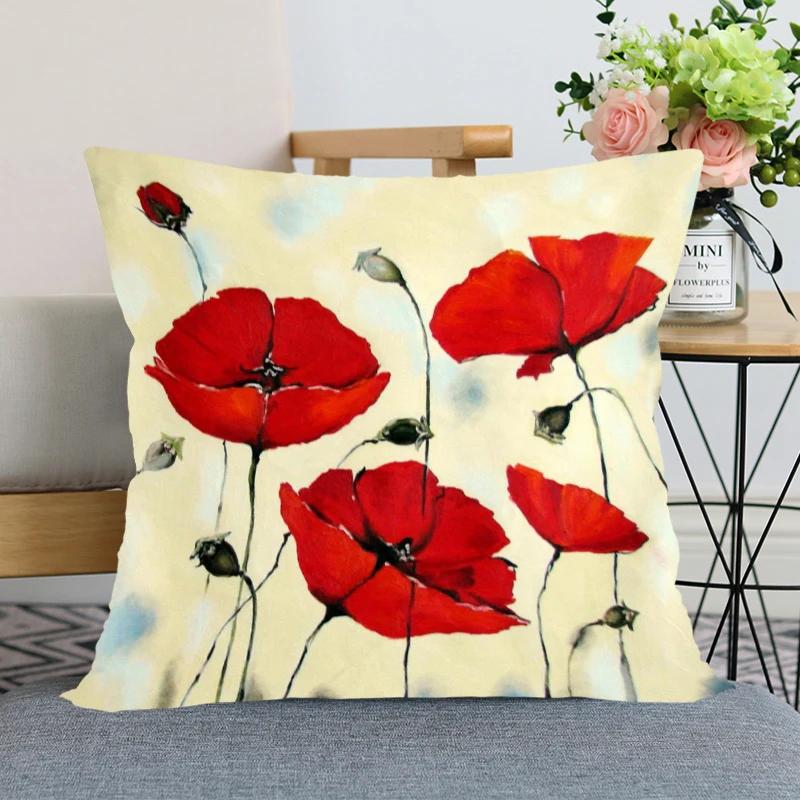 Rote Mohnblume Kissenbezug Schlafzimmer Heimdeko Schönes Geschenk Quadratisch Weich