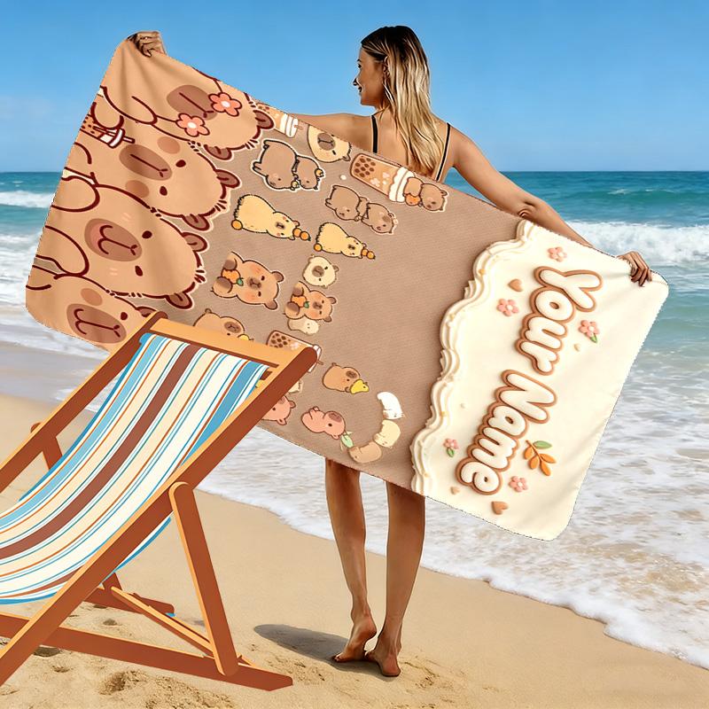 Name Custom Capybara Cartoon Print Beach Towel, Large Soft Quick Dry Towel for Beach Camping Swimming