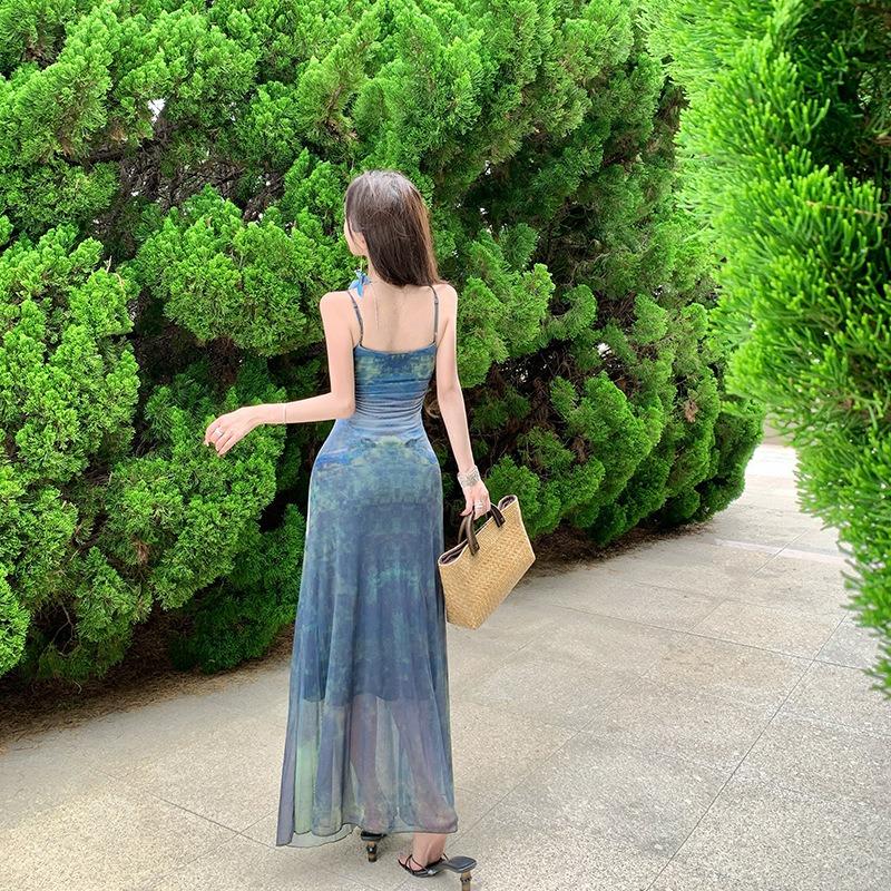 New Smudged Mesh Temperament Dress Women's Summer Literary and Retro Commuter Word Skirt Breathable Vacation Dress