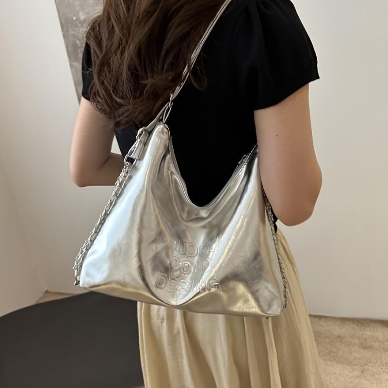 Stylish Silvery Large Capacity Handbag Versatile Crossbody & Shoulder Carry, Durable with Polyester Lining, Zipper Closure