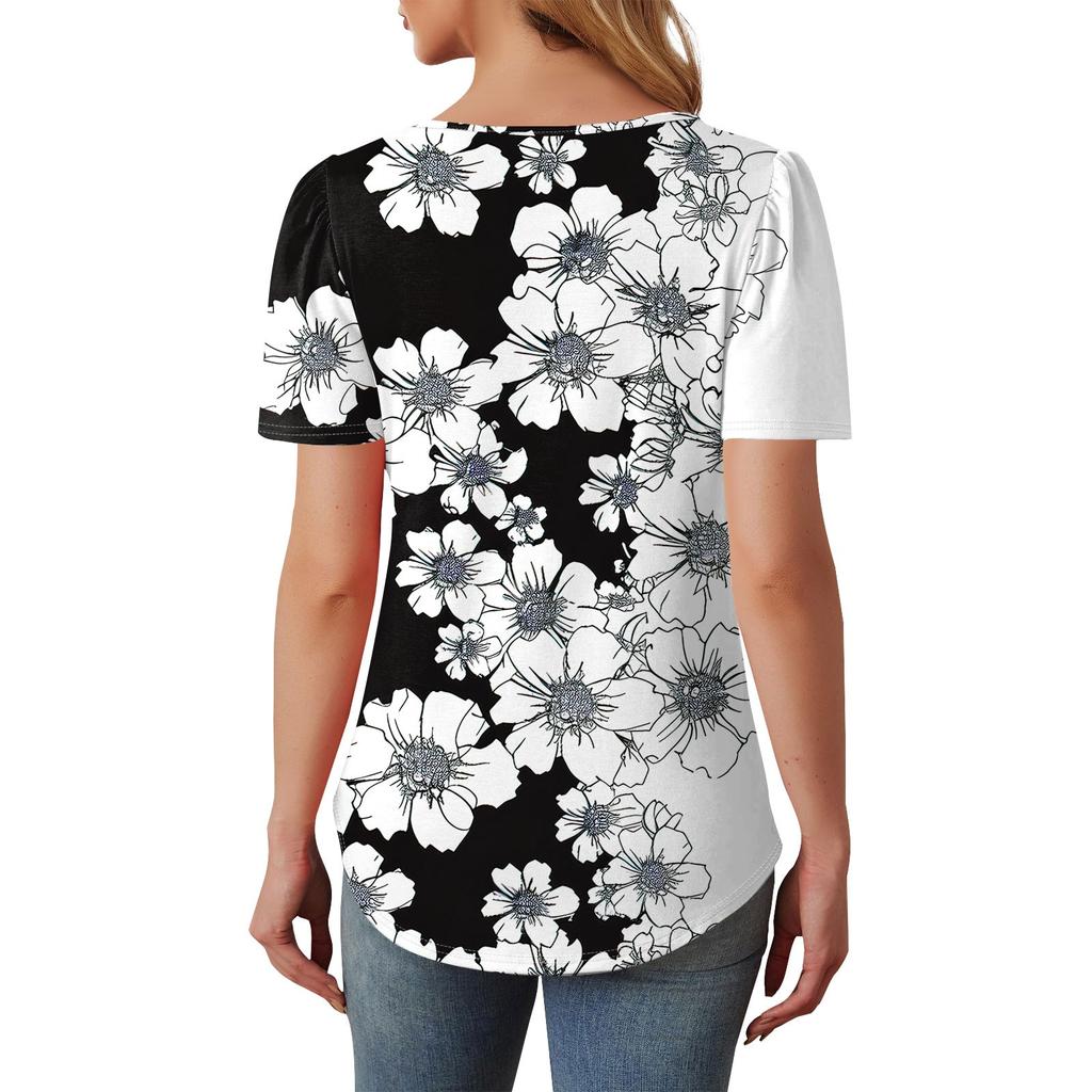 Women's Fashionable Casual Short Sleeve Button Floral Print Round Neck Pullover Top